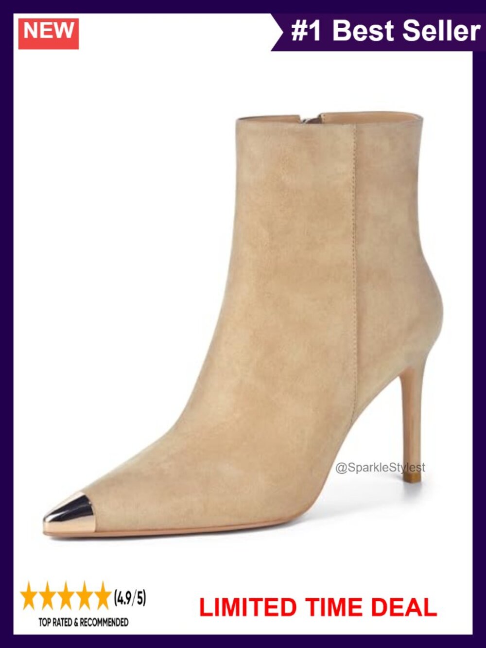 Women's Suede Ankle Boots Kitten Stiletto Heels Metal Pointed Toe Side Zip 3.5